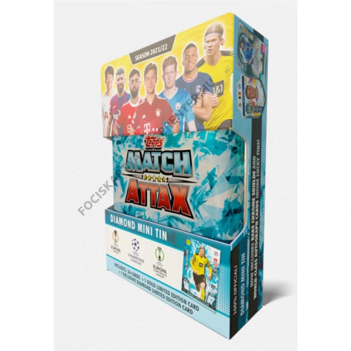 MATCH ATTAX 2021-22  KIS díszdoboz 38 KÁRTYÁVAL, garantált  ERLING HAALAND Limiteddel - DIAMOND Mini Tin